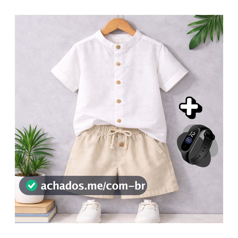 Conjunto Infantil de Verão + Brinde Linho Menino Tendência Short Mauricinho + Camisa Gola padre