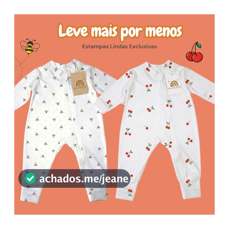 2 Macacões Bebê Menina Abelhinha/Cerejinha Vira Pé Quentinho com Zíper 100% Algodão RN ao GG