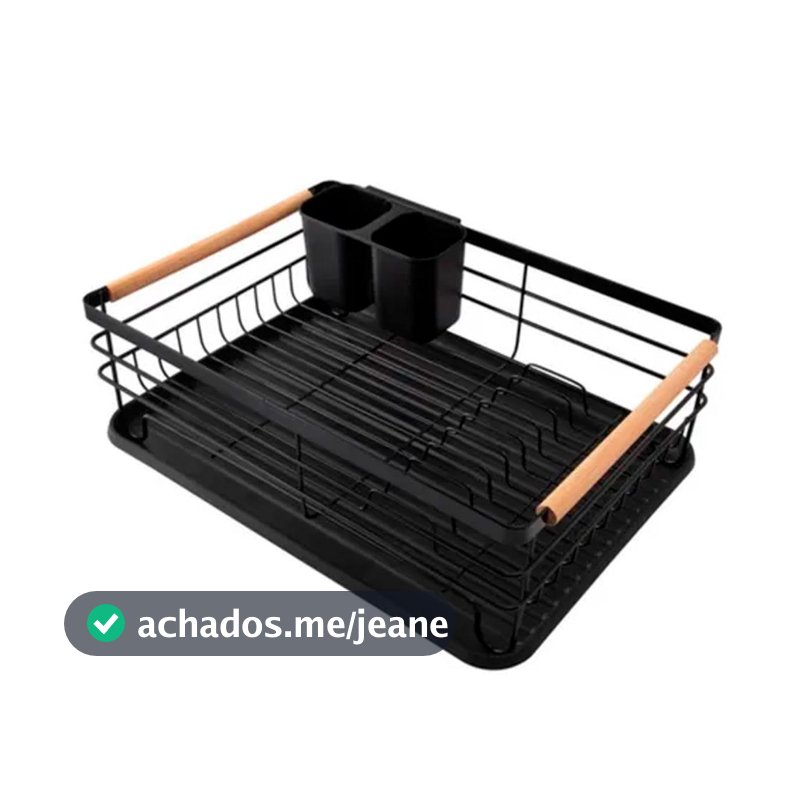 Escorredor de Louça Preto em Metal com Madeira 43x32cm – Design Moderno e Funcional - Tuut