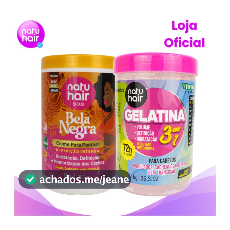 Kit Creme para pentear Bela Negra Natuhair + Gelatina Modeladora de Cachos 3 em 1 Natuhair 1kg
