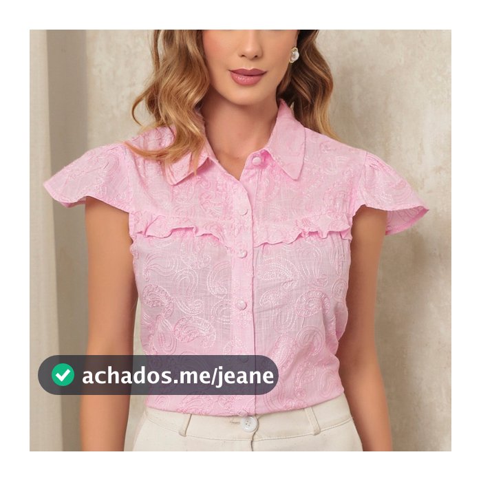 DUOUNO MODAS - BLUSA CAMISA FEMININA MANGA CURTA LAISE BORDADOS E BABADO FRONTAL - BLUSA NATAL