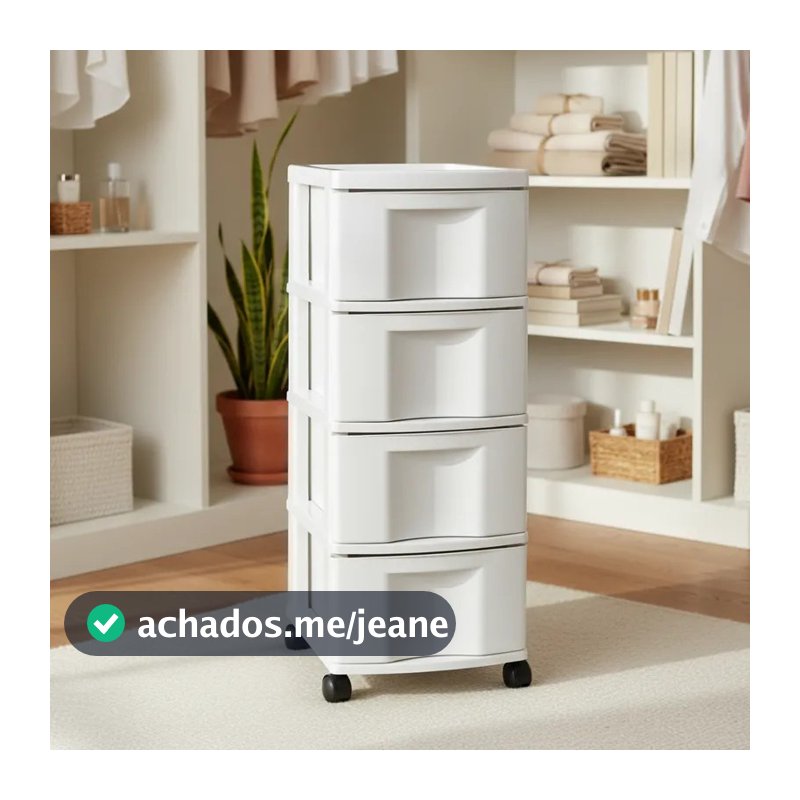 Gaveteiro Plástico Todo Branco 4 Gavetas com Rodízios – Organizador Multiuso