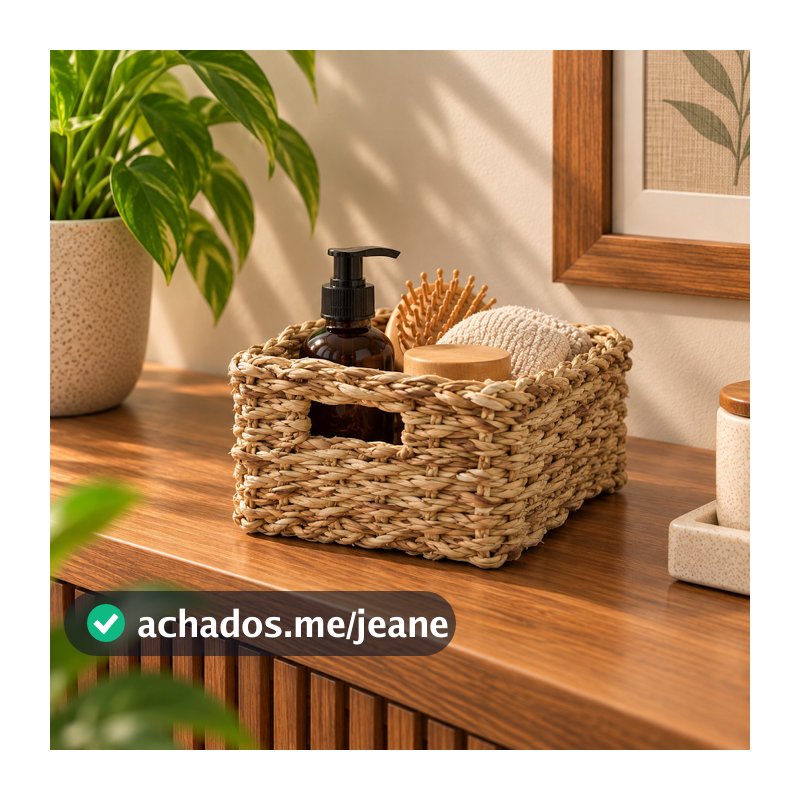 Cesto Decorativo Organizador Retangular Em Seagrass Natural Para Sala Quarto Lavabo E Estante
