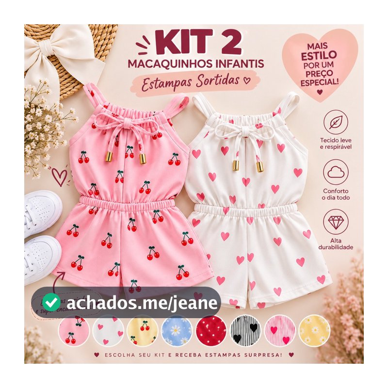 Kit 2 Macaquinhos Infantil Menina Verão Crepe Estampado Confortável