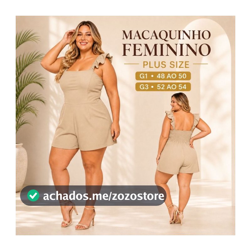 Macaquinho LENA Plus Size Feminino Curto com Alças de Babado, Lastex nas Costas e Shorts Soltinho tendência