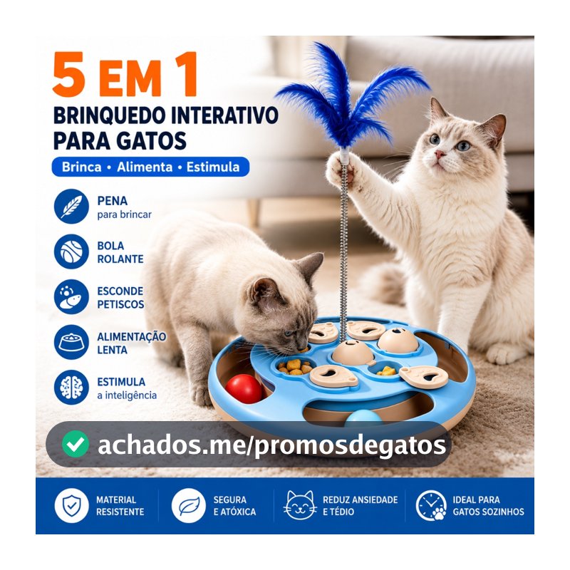 Brinquedo Interativo para Gatos 5 em 1 Com Pena e Bola Rolante Comedouro Lento Inteligente e Dispenser de Petiscos