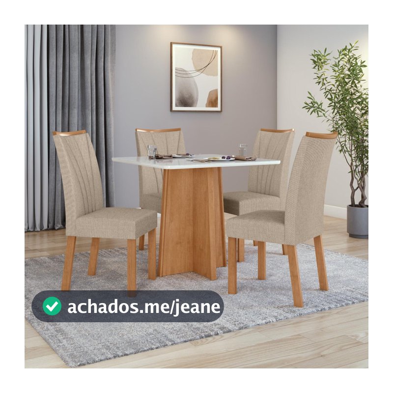 Conjunto Mesa de Jantar Celebrare 1,20 com vidro e 4 cadeiras Apogeu Tecido Linho Rinzai Bege Amendoa Clean/off White