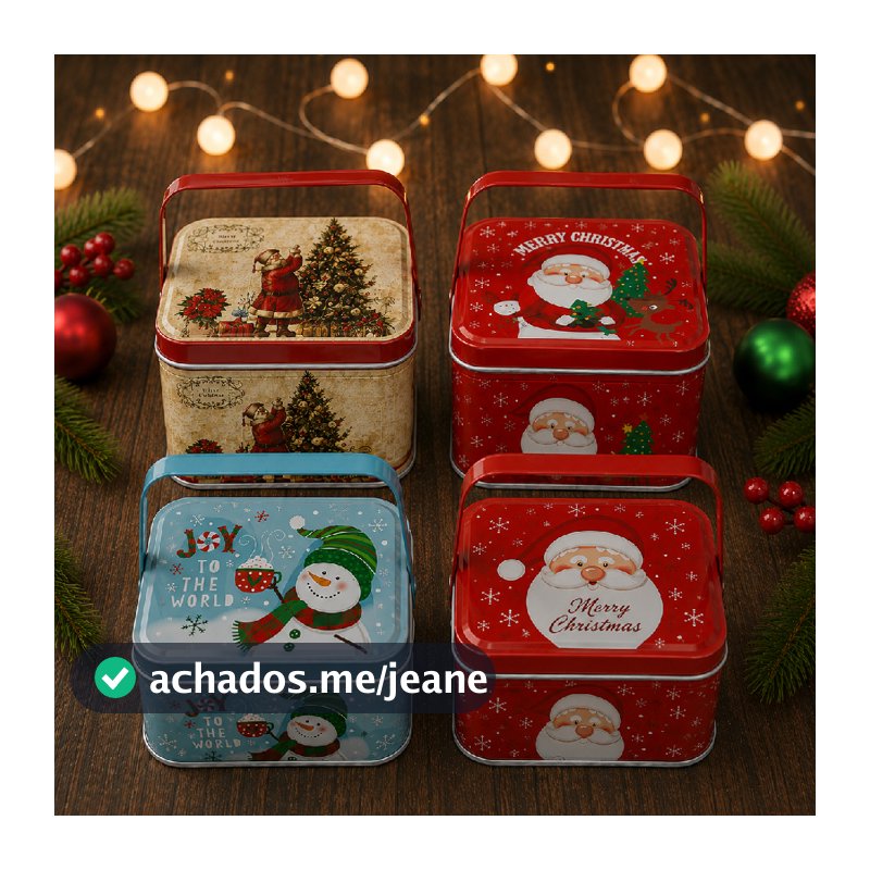 Kit 4 Lata de Natal com Alça - Metal - Papai Noel, Merry Christmas, Noel Clássico e Boneco de Neve - 6x10,5x8cm - Rizzo
