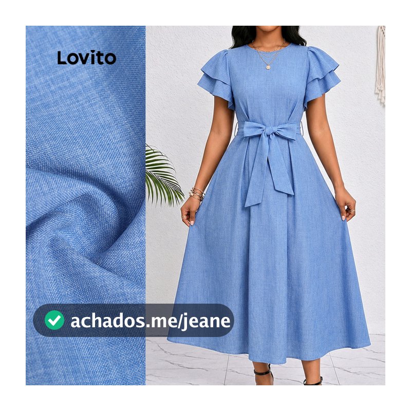 Lovito Vestido Elegante com Cinto Vestido Azul de Duas Camadas para Primavera/verão feminino LBL37151