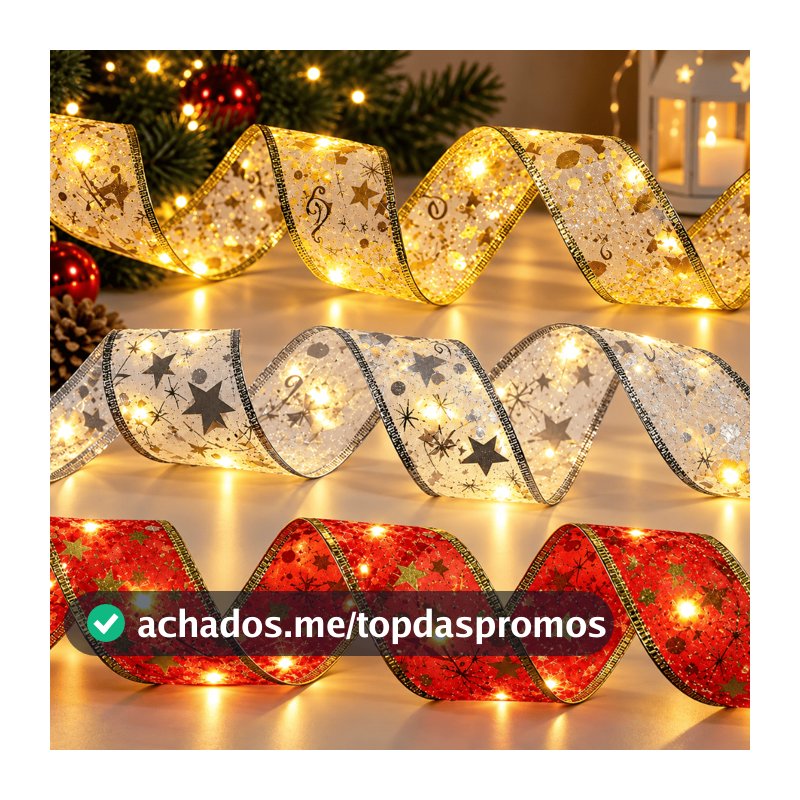 Fita De Natal Aramada com Luzes Decoração Natalina Árvore Laços Com LED Para Presente 4 metros Vermelha Dourada e Prata