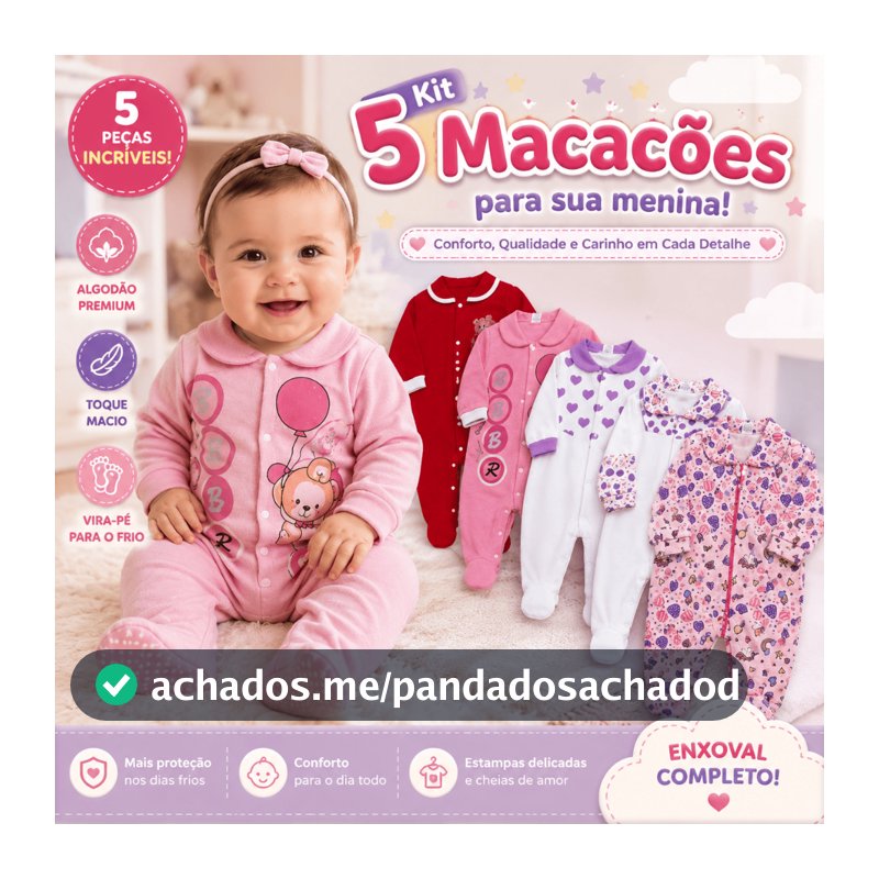 Kit 5 Macacões Bebê Menina Algodão Vira Pé Inverno Estampado Macio Confortável Enxoval