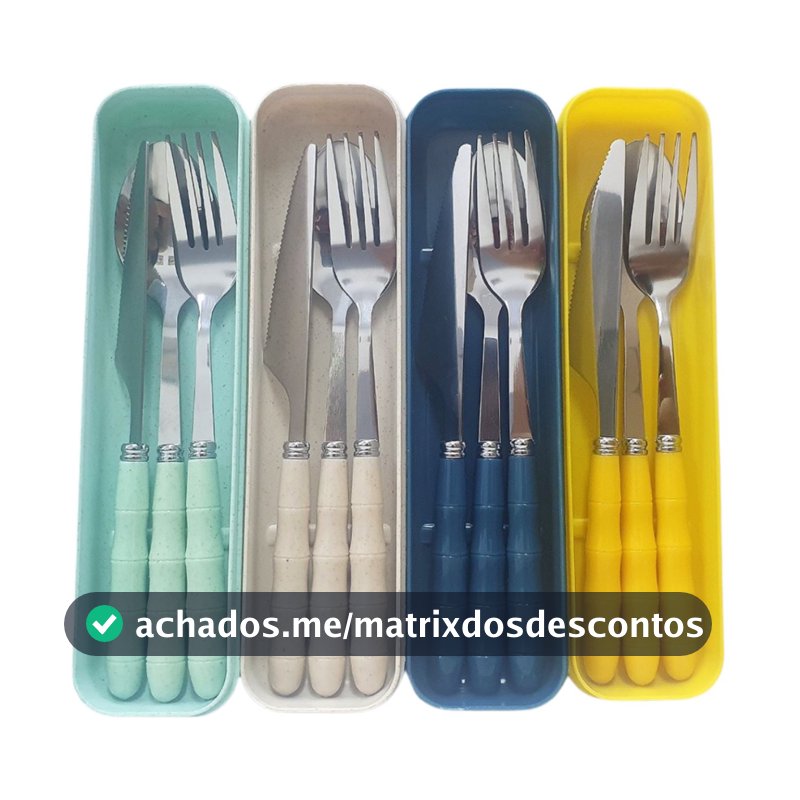 Jogo de talher com estojo inox 3 peças com cabo de plástico marmita