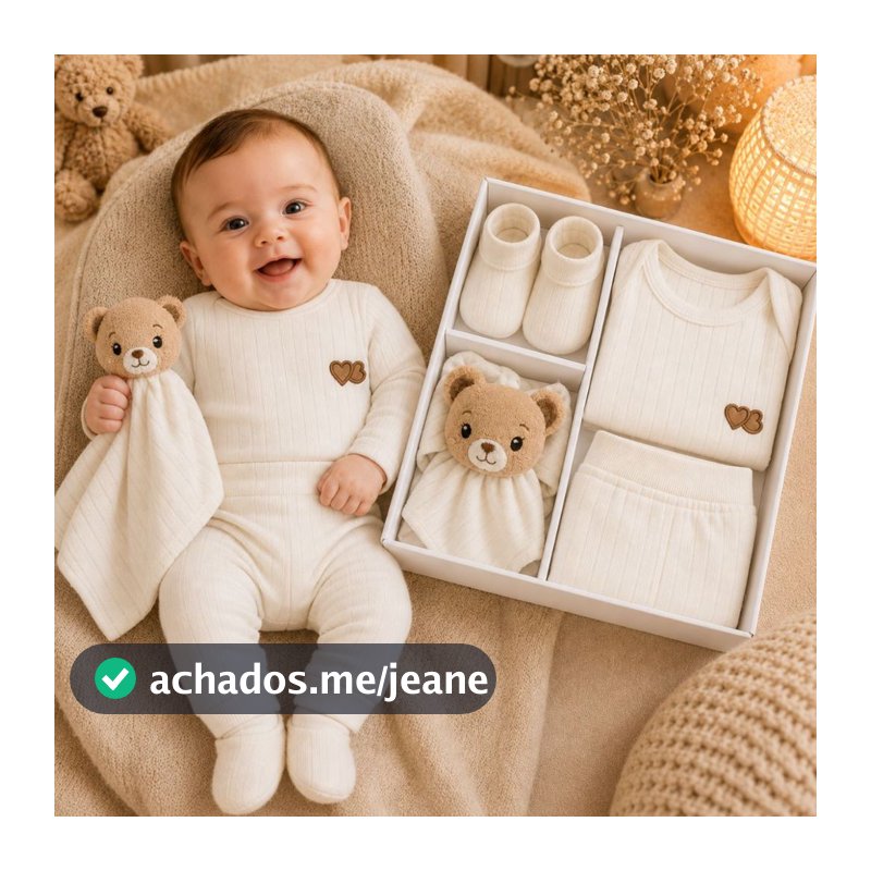 Presente Bebê  4 Peças Body Calça Mijão Canelado Naninha Urso Meia Sapatinho Algodão Enxoval Premium