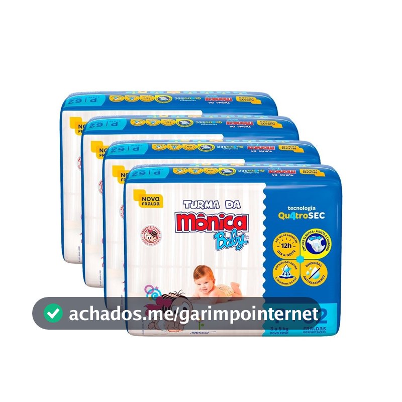 Fralda Descartável Turma da Mônica Tamanho P - 4 Pacotes com 62 Fraldas - Total 248 Tiras