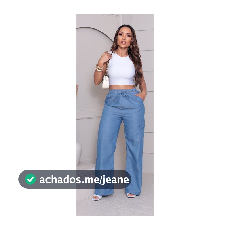 Calça Pantalona Cargo Jeans Leve  Cintura Alta Com Elastico na Cintura