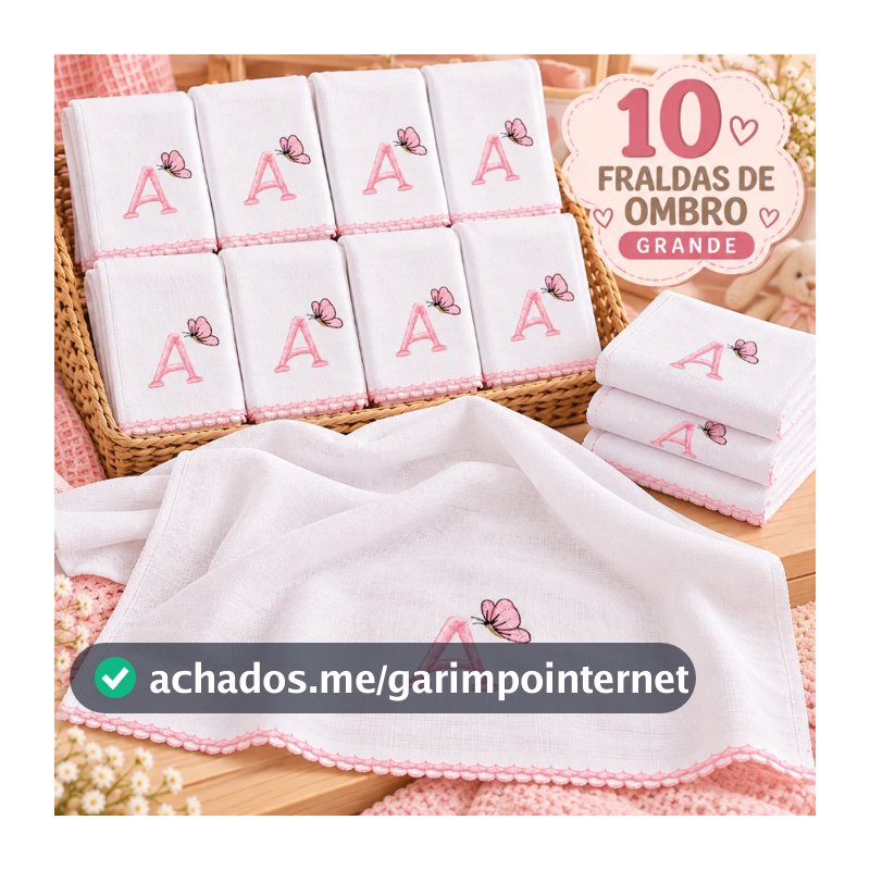 Kit 10 Ombro Fralda Personalizado Com Inicial Do Nome Do Bebe Grande 68x68 Hipoalergênico Bordado