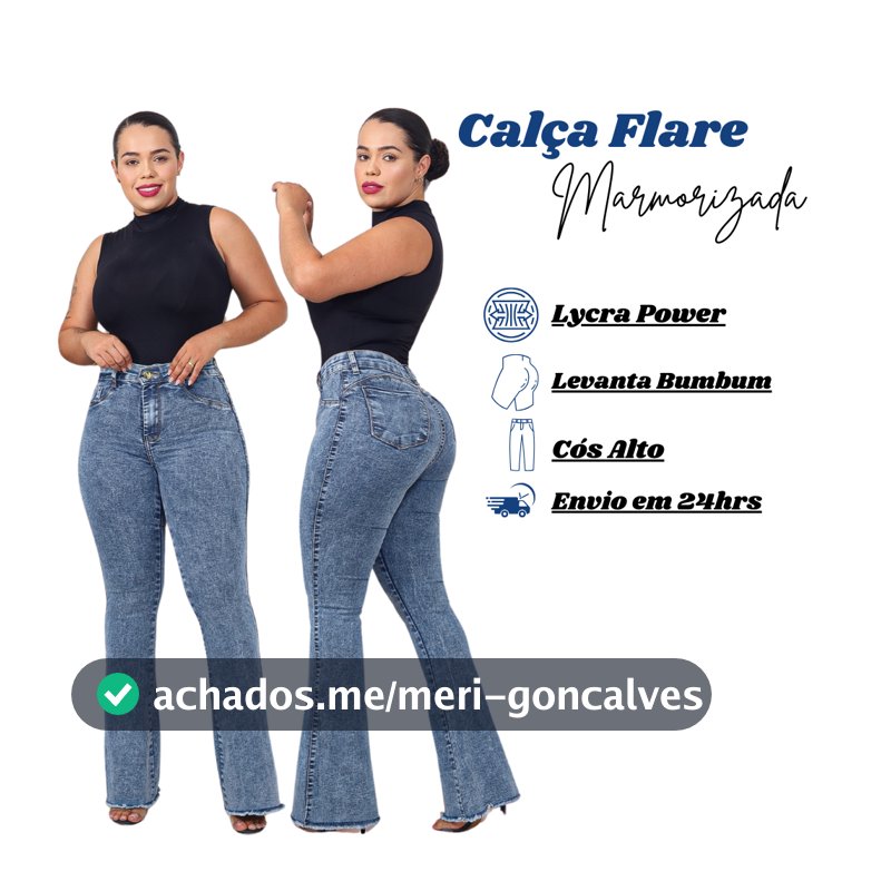 Calça Jeans Feminina Flare Marmorizada Cos Alto Modelagem Levanta Bumbum Com Lycra