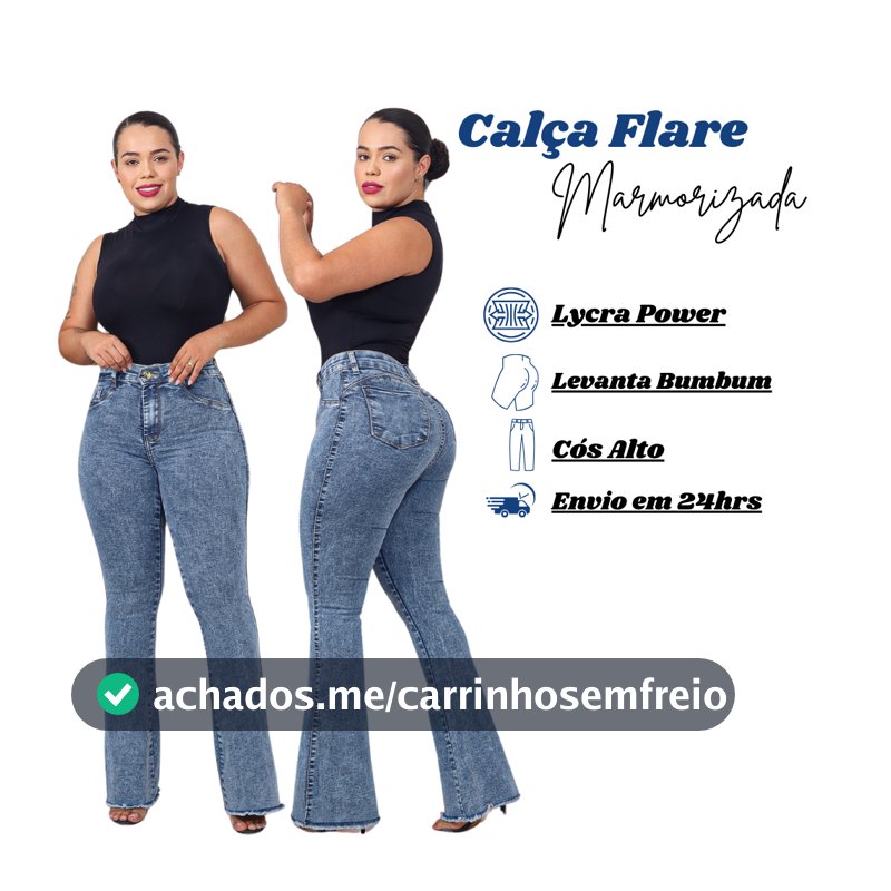 Calça Jeans Feminina Flare Marmorizada Cos Alto Modelagem Levanta Bumbum Com Lycra
