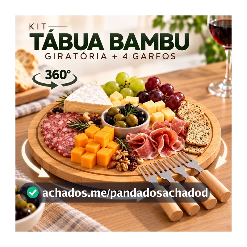 Petisqueira Giratória Bambu 28cm Tábua Frios Bandeja Petiscos Mesa Posta Café da Manhã 360 Cozinha Decoração
