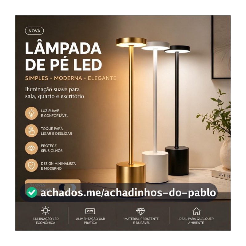 Luminária de Mesa Abajur Cabeceira Escrivaninha LED 3 em 1 Recarregável Tipo C Preto Cromado Dourado