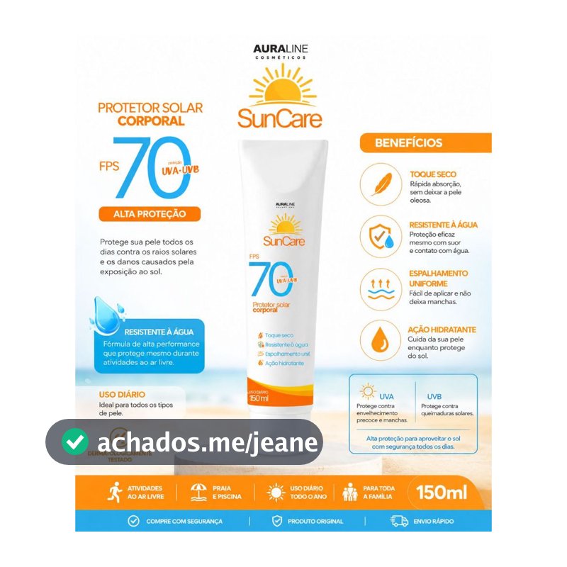 Protetor Solar Corporal FPS 70 150ml Toque Seco Resistente à Água Proteção UVA e UVB