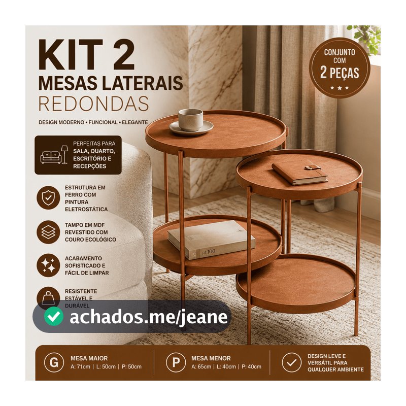 Kit 2 Mesas Lateral de Apoio Redondas para Lateral de Sofa