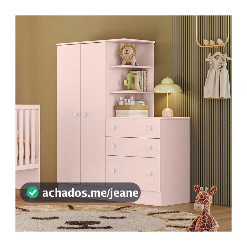 Guarda Roupa Infantil com Comoda Lua Encantada Rosa Acetinado
