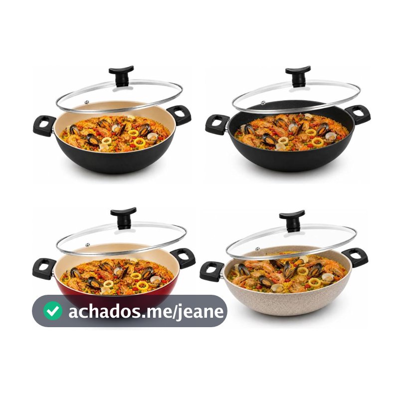 Frigideira Wok com Tampa 30cm Grande Alta Antiaderente Teflon de Vidro Caçarola paella paelleira