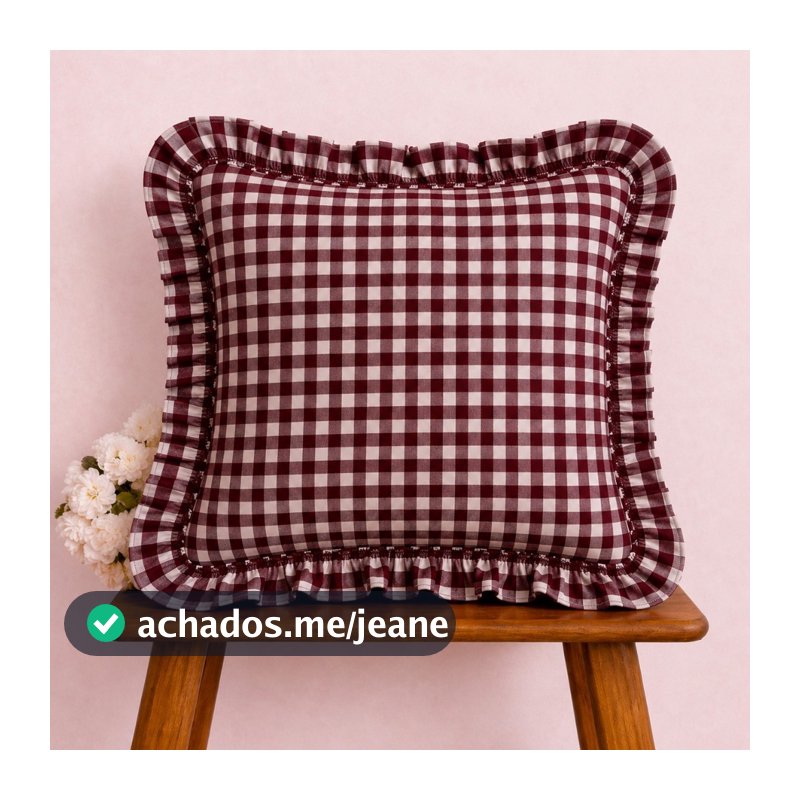 Capa de Almofada 40x40 Xadrez Vichy Vinho Bordô Marsala com Babado Estilo Farmhouse Elegante para Sofá Sala Quarto
