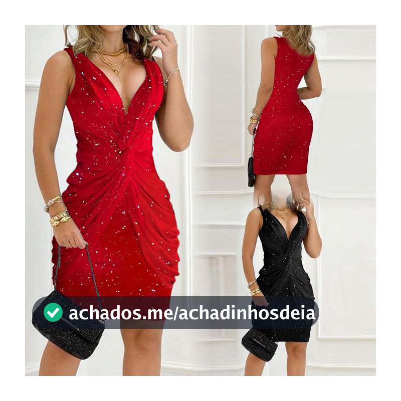 Mini Vestido Feminino Em V Com Pescoço Glitter Cor Lisa Bodycon Noite de Festa do Clube