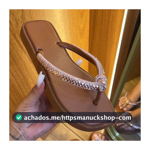 Chinelo feminino confortável de dedo com correias detalhe nó de brilho strass Luxo bico quadrado