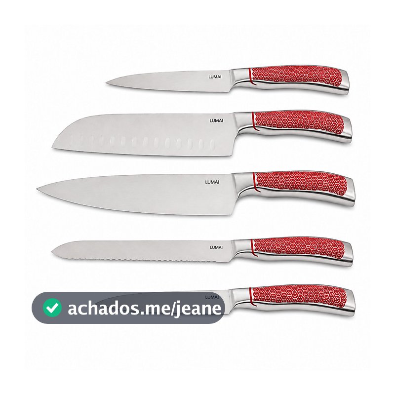 LUMAI Kit 5 Facas de Cozinha Zurich Aço Inox Cabo Vermelho - Tratamento Térmico Lamina Dureza 52 HRC