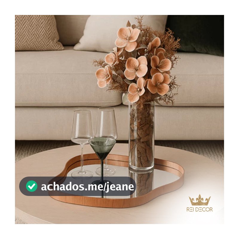 Bandeja Decorativa Com Espelho Ondulado 52x42cm Design Orgânico e Moldura de Madeira