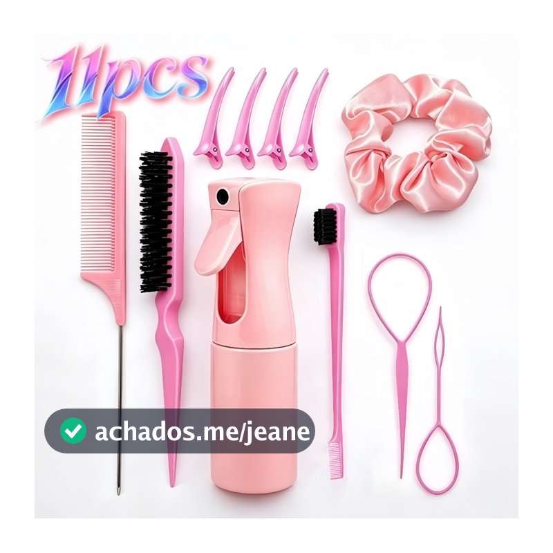 Kit 11 Peças Ferramentas para Cabelo: Pente Rabo de Rato, Borrifador, Ferramenta para Trança, Clipes Bico de Pato e Scru