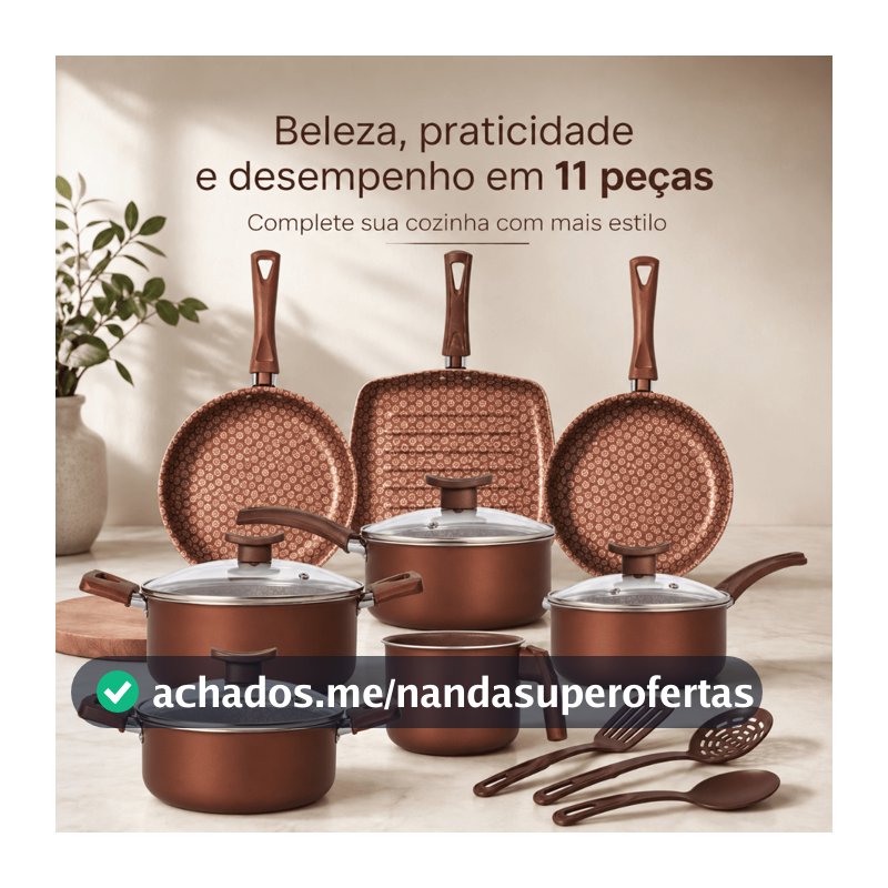 Jogo de Panelas Antiaderente 11 Peças com Chapa Grill - Com Tampas de Vidro e Utensílios, Cabos Térmicos