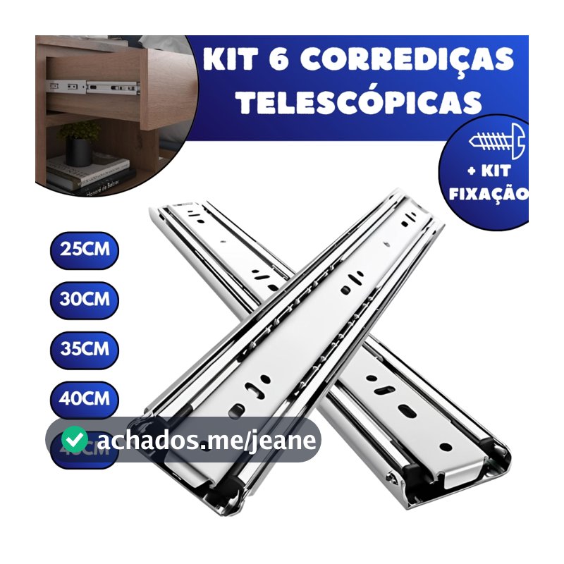 Kit 6 Corrediças Telescópicas Light Gaveta Aço Trilho Com Parafusos 25cm 30cm 35cm 40cm 45cm Leve