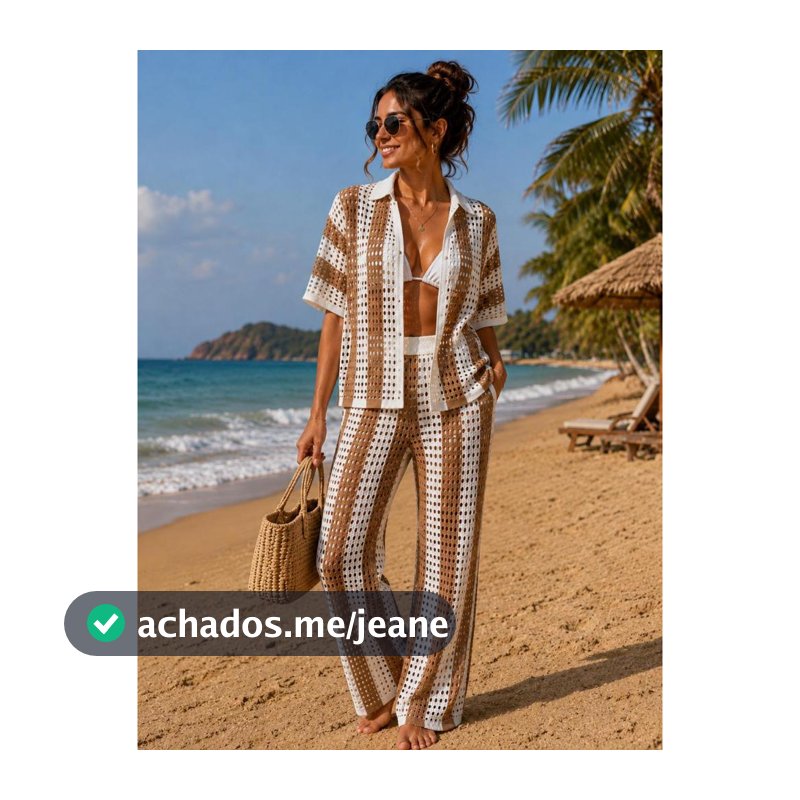 Conjunto Feminino Tricot Moda Praia Kimono Calça Listrado Manga Curta Trico