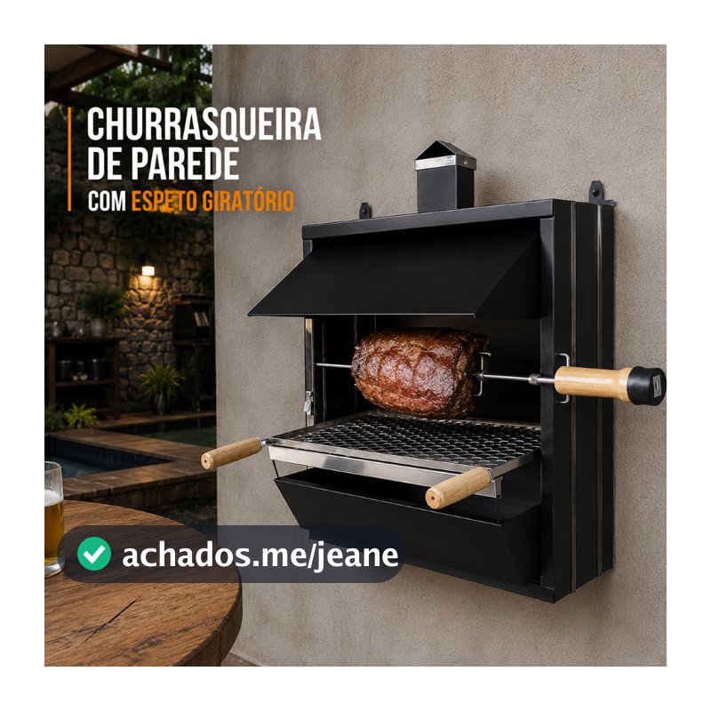 Churrasqueira de Parede com Espeto Giratório Elétrico e Grelha Aço Inox para Área Externa