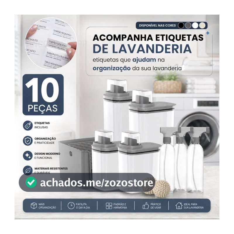 Kit Organizador de Lavanderia 10 Peças Dispenser 1,5L + 2,3L 3 Borrifadores 500ml Cesto 16L 2 Esferas Seca Roupa