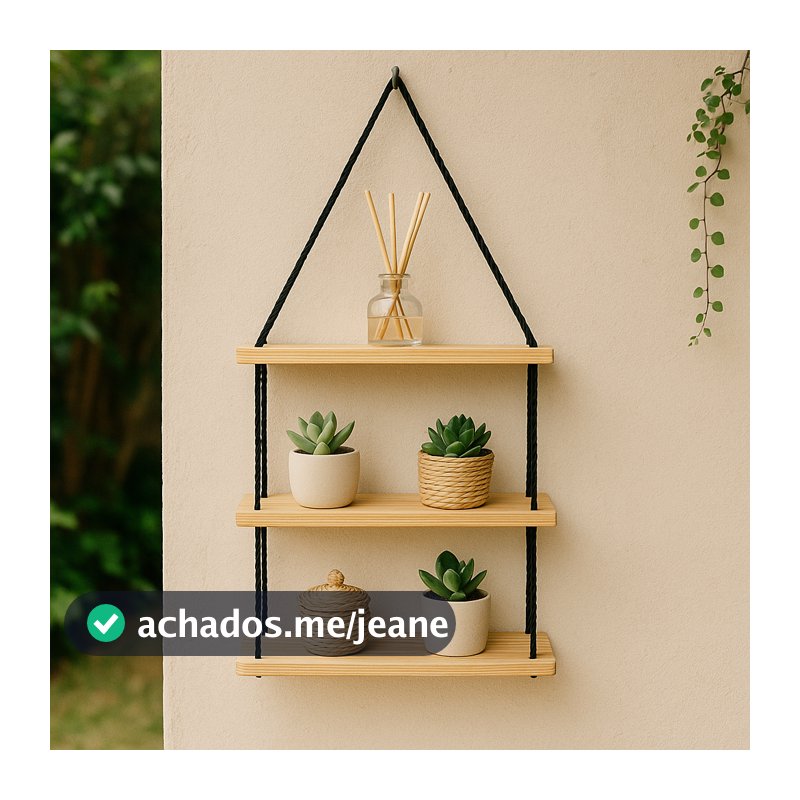 Prateleira Suspensa Estante Decorativa de Madeira Corda preta Nicho Quarto, Banheiro, Sala e Cozinha