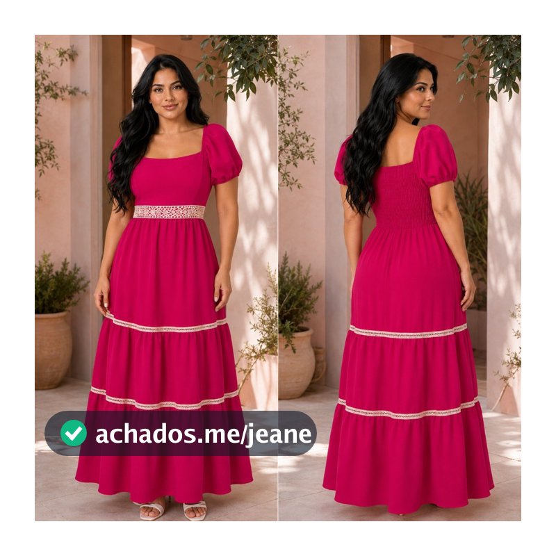 Vestido Longo Feminino Casual Elegante Forrado com Renda Moda Evangélica Manga Bufante Confortável