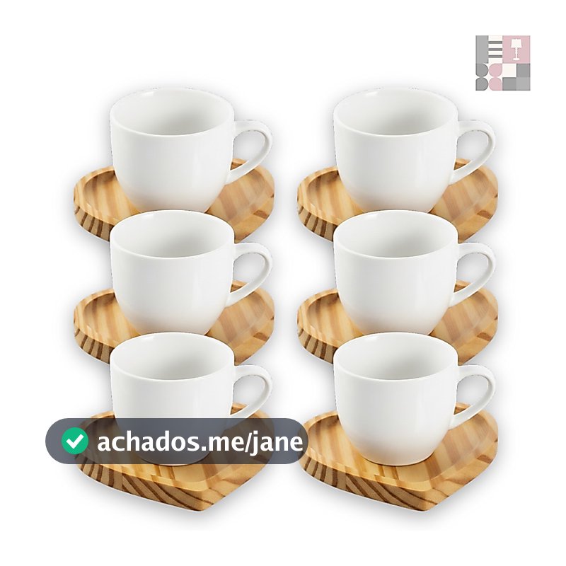 Kit Jogo de Xícaras 80 ML De Porcelana Café Expresso Com Pires Em Madeira Pinus