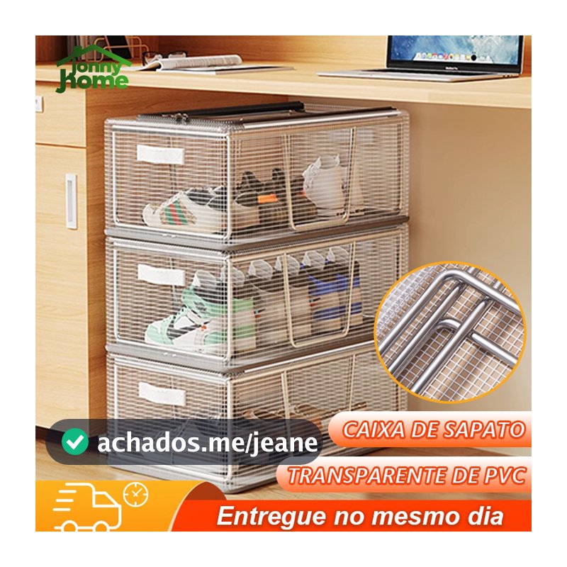 Caixa de sapatos dobrável com zíper, sapateira transparente, empilhável