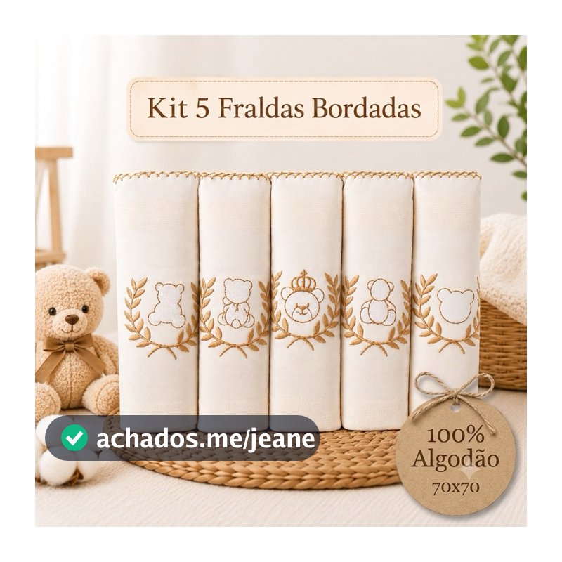 Kit Fralda de Pano Bebê Bordada 70x70 Algodão Enxoval Recém Nascido 5 10 15 Unidades