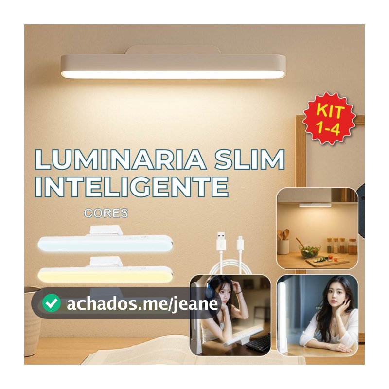 Luminária Magnética Slim Inteligente Led Recarregável 3 Cores Ajuste 90° USB Bivolt
