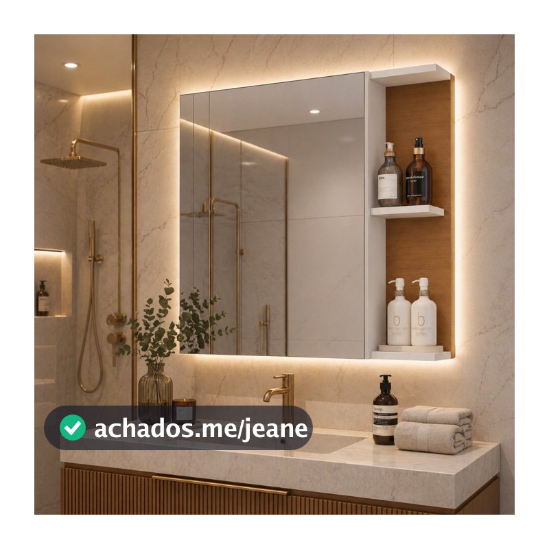 Armário de Banheiro com Espelho Suspenso Nicho Lateral Organizador Espelheira com Porta Moderna