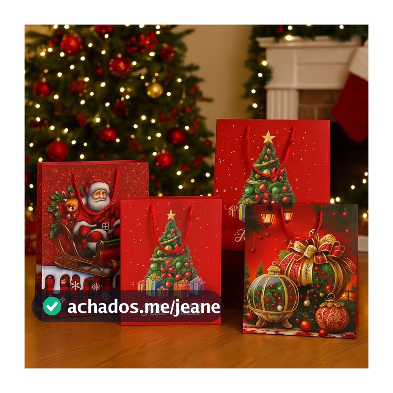 Kit Sacola Para Presente Árvore De Natal Papai Noel 3D
