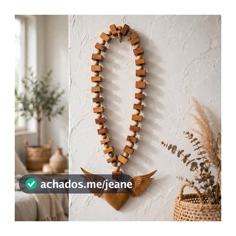 Colar de Mesa Madeira Coração Alado com Asas 78cm Decor Boho Chic Sala Aparador .