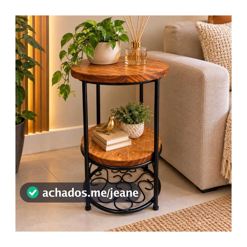 Mesa Lateral criado mudo Redonda Ferro e Madeira Rústica para Sala e Decoração