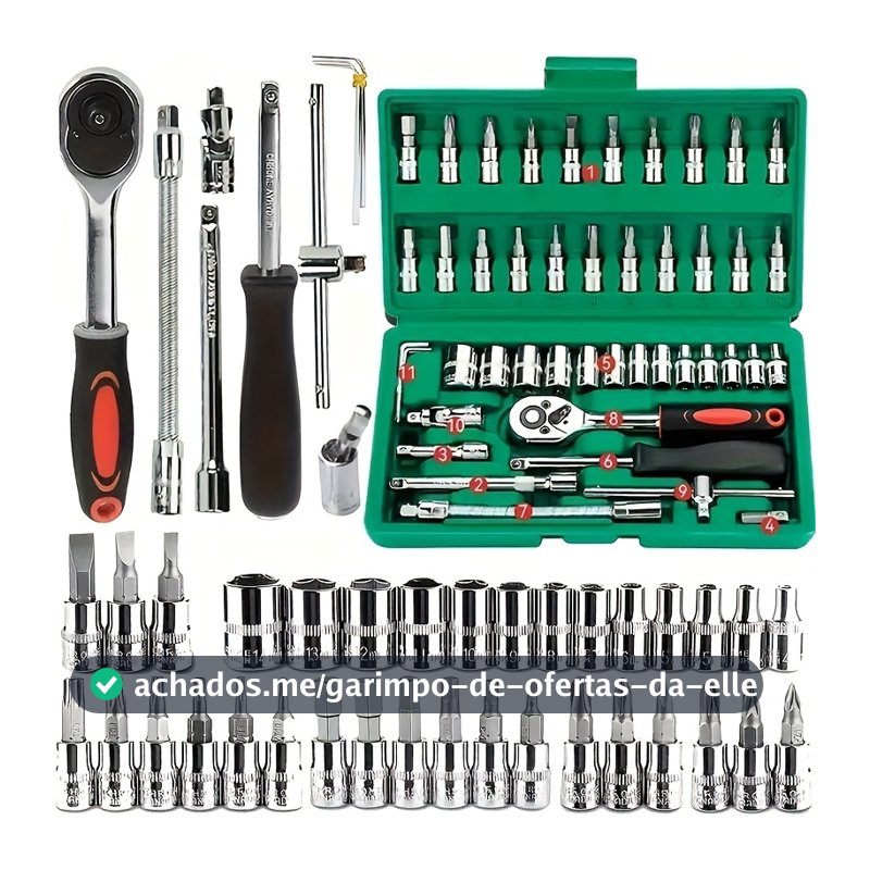 46 Peças Verde Kit Chaves Jogo Catraca Reversível Soquetes Maleta Promoção